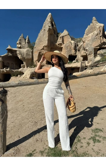 Beyaz Gofre Tek Omuz İkili Takım