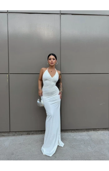 Beyaz Göğüs Büzgülü Maxi Elbise