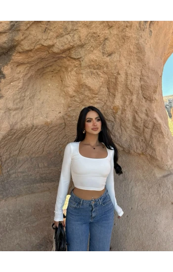 Beyaz Kare Yaka Scuba Crop