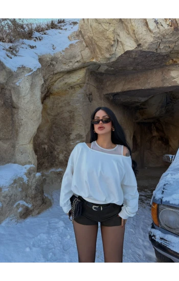 Beyaz Omuz Tül Askılı Sweat