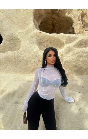 Beyaz Ön Şeritli Tül Bluz