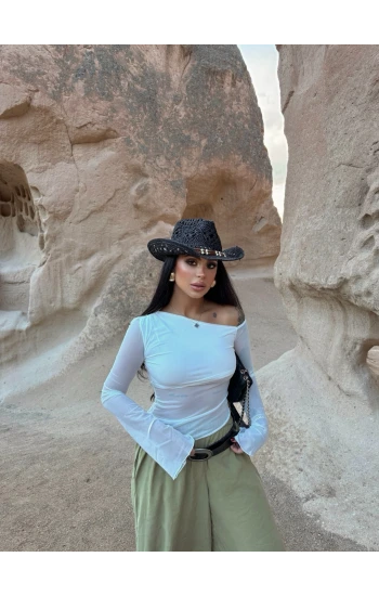 Beyaz Tek Omuz Tül Detay Crop