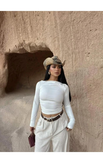 Beyaz Yaka Degaje Büzgülü Crop