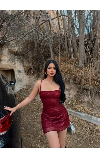 Bordo Askılı Mini Taşlı Elbise