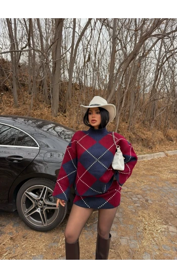 Bordo Baklava Desen Triko Takım