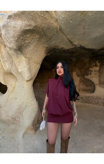 Bordo Balıkçı Yaka Yarasa Elbise