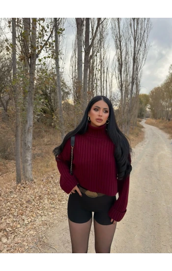 Bordo Boğazlı Fitilli Kazak