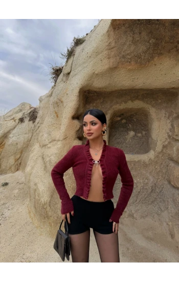 Bordo Broşlu Triko Hırka