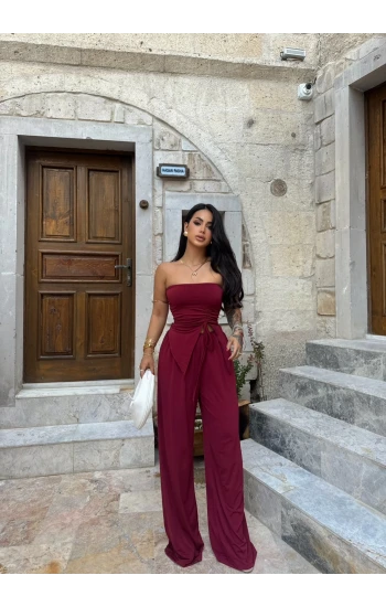 Bordo Büzgülü Straplez İkili Takım