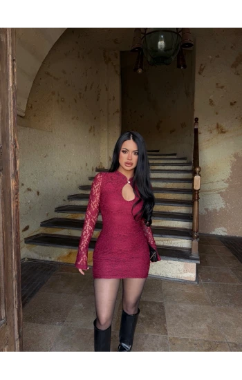 Bordo Damla Yaka Dantel Detay Elbise