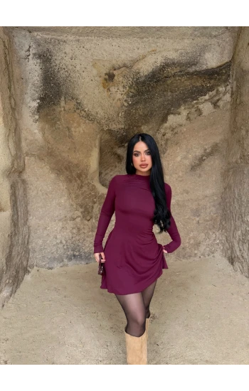 Bordo Dik Yaka Volanlı Elbise