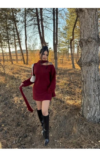 Bordo Domina Şal Detaylı Triko Elbise
