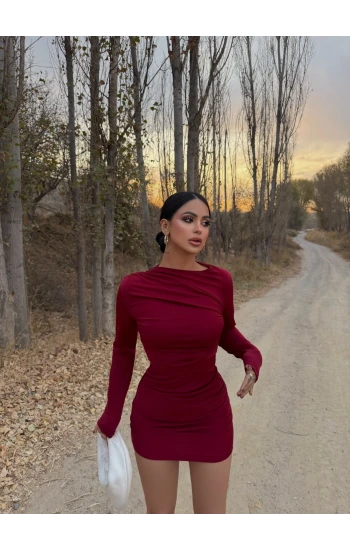 Bordo Elegant Büzgülü Elbise