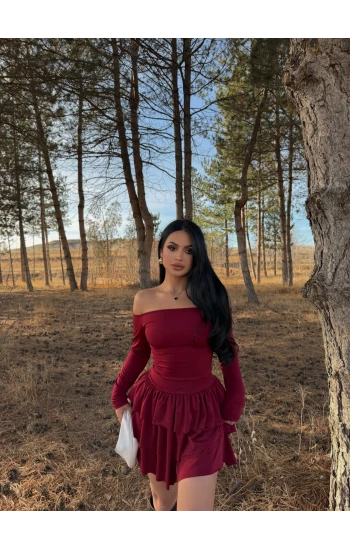 Bordo Eteği Fırfırlı Madonna Elbise