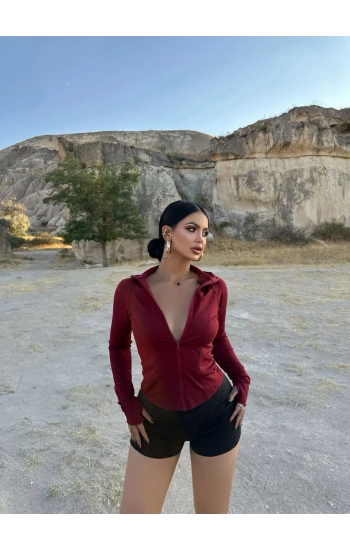 Bordo Fermuarlı Scuba Ceket