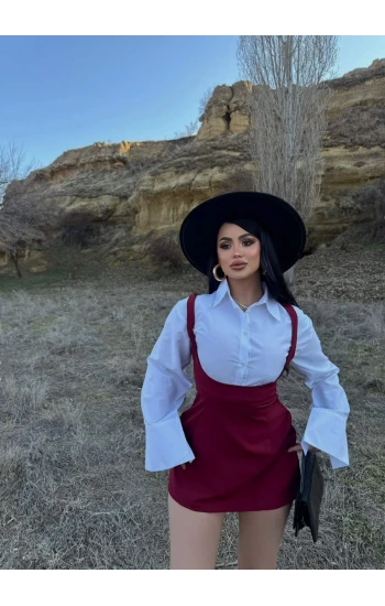 Bordo Gömlekli Salopet Elbise