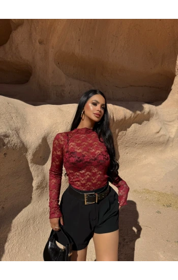 Bordo Güpürlü Dik Yaka Bluz