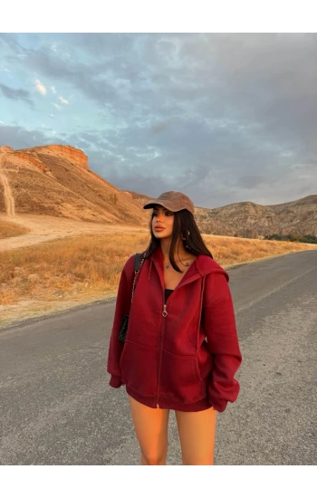 Bordo İçi Şardonlu Kapşonlu Hırka