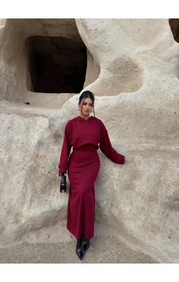 Bordo Kapşonlu Maxi İkili Set