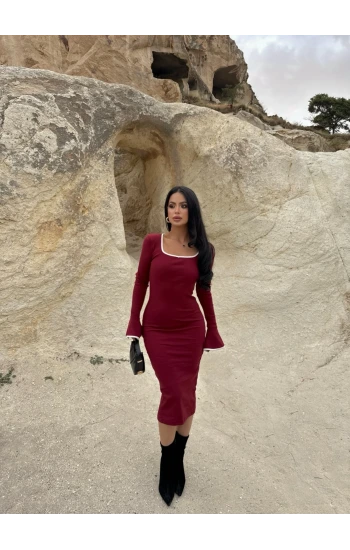 Bordo Kare Yaka Biyeli Kaşkorse Elbise