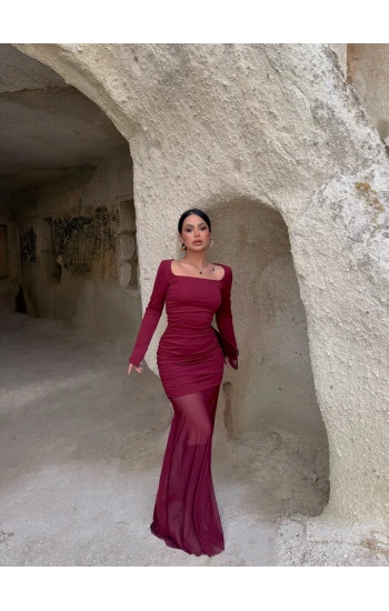 Bordo Kare Yaka Tüllü Maxi Elbise