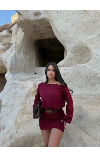 Bordo Kayık Yaka Modal Elbise