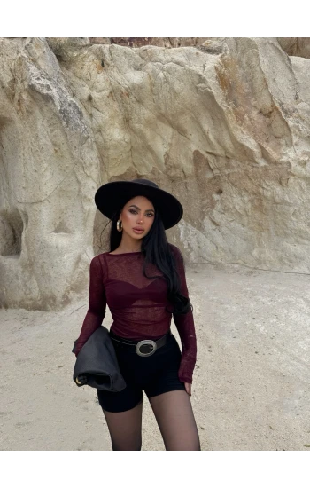 Bordo Kayık Yaka Transparan Crop