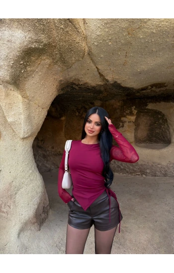 Bordo Kolları Tül Büzgülü Crop