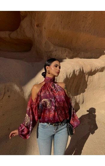 Bordo Liva Omuz Açık Bluz