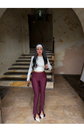 Bordo Ön Yırtmaçlı Fitilli Pantolon