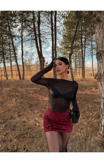Bordo Payetli Şort Etek