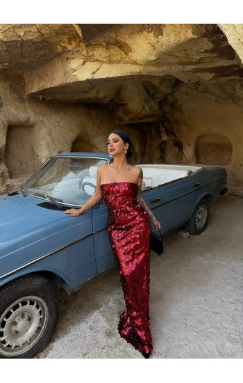 Bordo Payetli Straplez Maxi Elbise