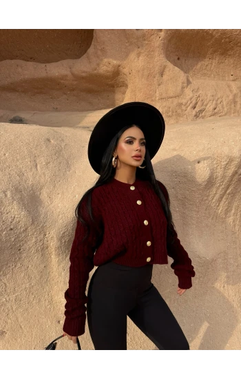 Bordo Saç Örgü Düğmeli Kazak
