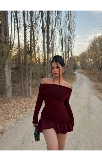 Bordo Simli Balon Etek Elbise