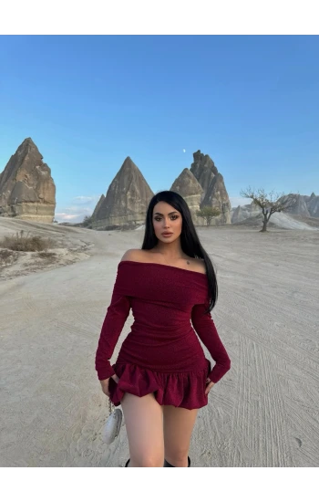 Bordo Simli Balon Etek Elbise