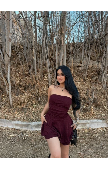 Bordo Simli Straplez Elbise