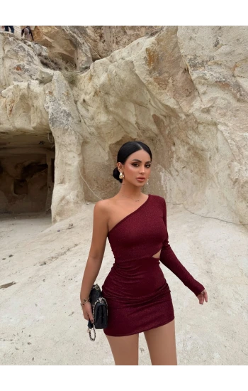 Bordo Simli Yan Pencereli Elbise