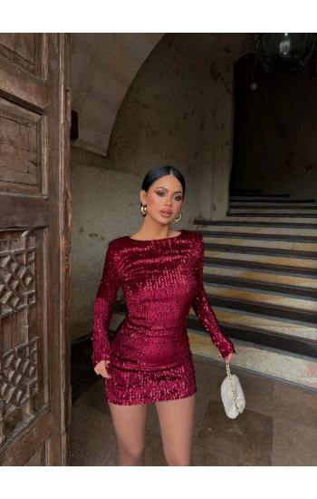 Bordo Sırt Dekolte Payetli Elbise