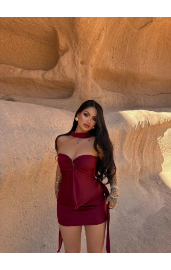 Bordo Sırt Kemerli Vere Elbise