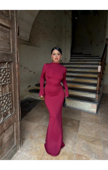 Bordo Sırt Pencereli Maxi Elbise