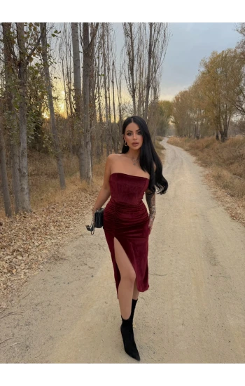 Bordo Straplez Kadife Elbise