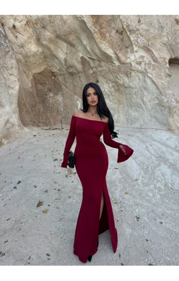 Bordo Tek Yırtmaçlı Madonna Elbise