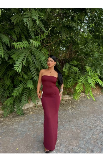 Bordo Tek Yırtmaçlı Straplez Elbise