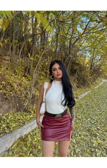 Bordo Tek Yırtmaçlı Suni Deri Etek