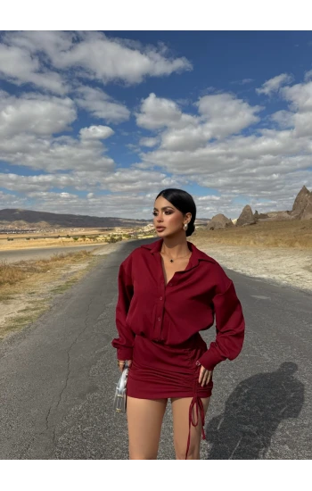 Bordo Terra Eteği Büzgülü Elbise