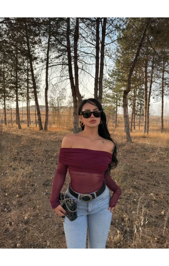 Bordo Tül Detaylı Madonna Bluz