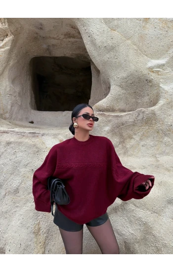 Bordo Yarasa Kol Örgü Detay Kazak