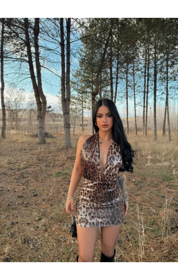 Boyundan Geçmeli Leopar Elbise
