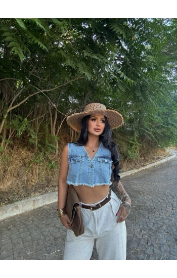 Çift Cepli Denim Yelek