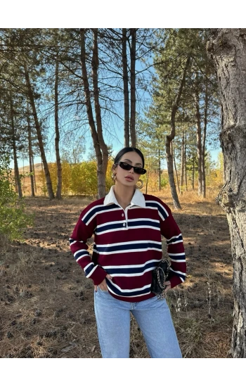 Çizgili Polo Yaka Kazak